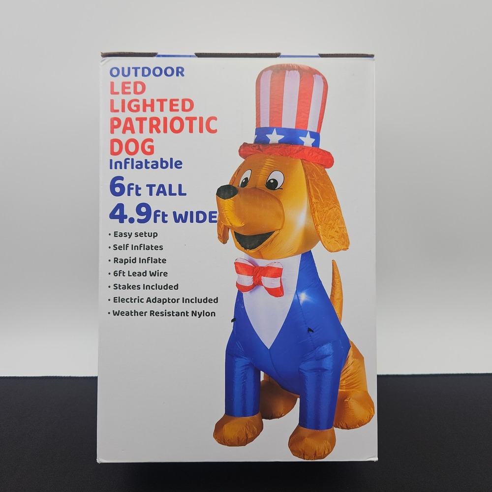 Outdoor LED Lighted Patriotic Dog Inflatable 6ft Tall 4.9ft Wide Uncle Sam Hat